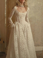 Elegant Square Neck Lace Long Sleeve A-Line Floor-Length Wedding Dress