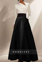 Elegant Formal Dress Black White Long Sleeve Satin A-Line Evening Gowns