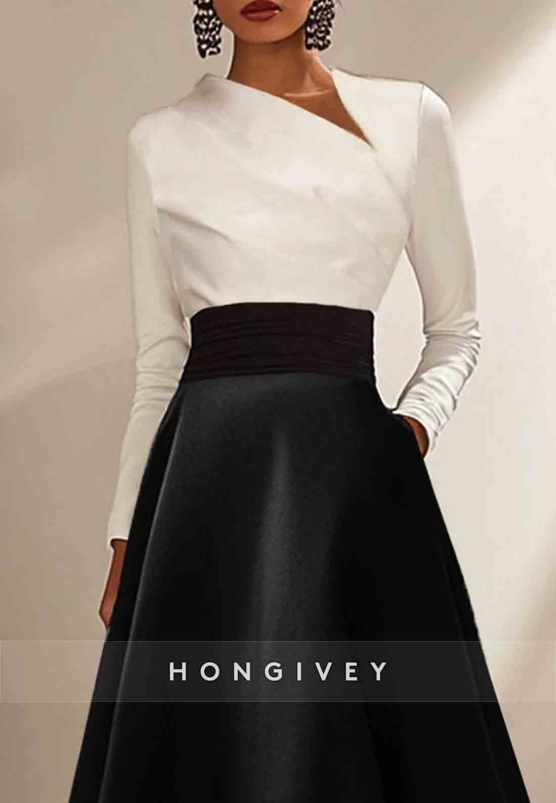 Elegant Formal Dress Black White Long Sleeve Satin A-Line Evening Gowns