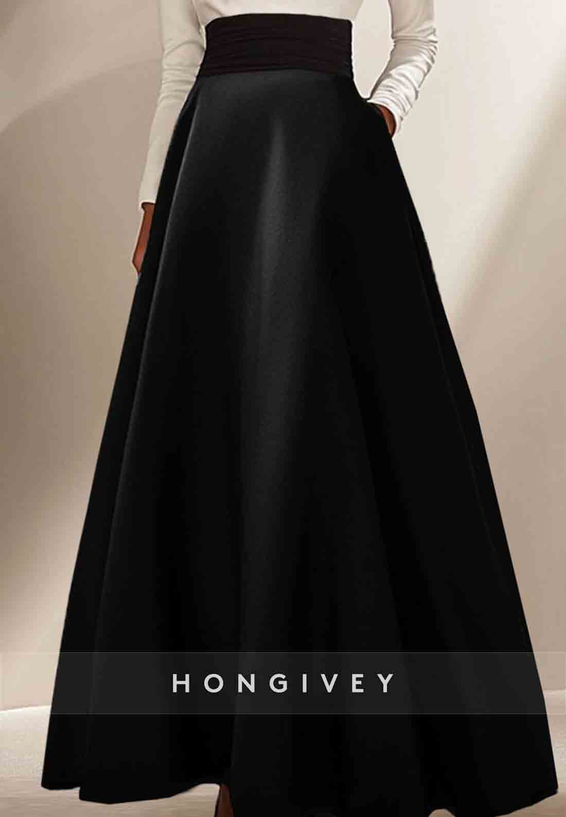 Elegant Formal Dress Black White Long Sleeve Satin A-Line Evening Gowns