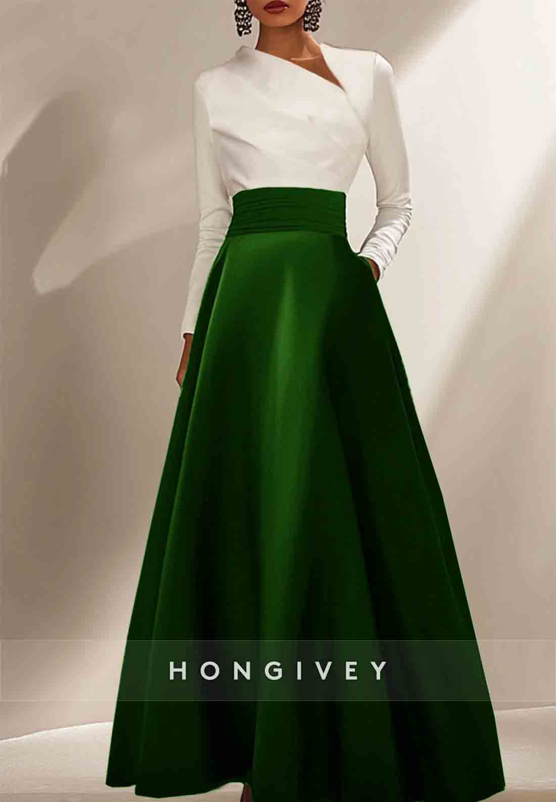 Elegant Formal Dress Black White Long Sleeve Satin A-Line Evening Gowns