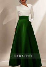 Elegant Formal Dress Black White Long Sleeve Satin A-Line Evening Gowns