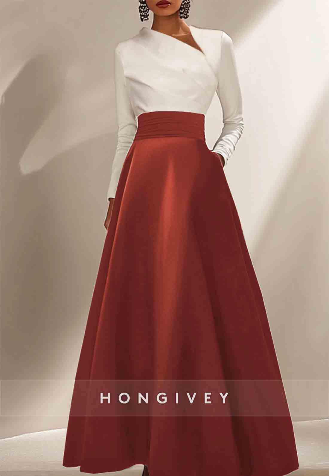 Elegant Formal Dress Black White Long Sleeve Satin A-Line Evening Gowns