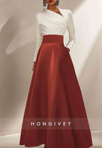 Elegant Formal Dress Black White Long Sleeve Satin A-Line Evening Gowns