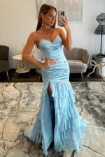 Charming Mermaid Sweetheart Light Blue Prom Gown with Ruffles