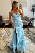 Charming Mermaid Sweetheart Light Blue Prom Gown with Ruffles