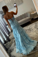 Charming Mermaid Sweetheart Light Blue Prom Gown with Ruffles