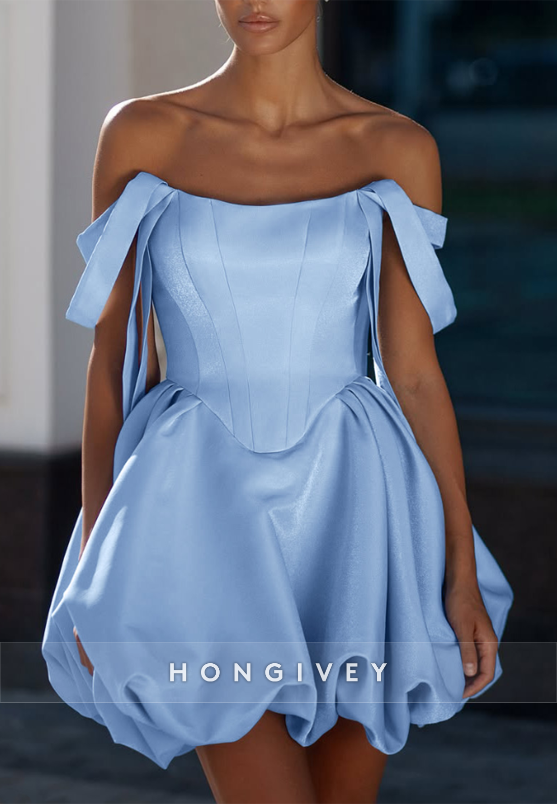 Sky Blue Off the Shoulder Princess Pleated Satin Short Homecoming Dresses