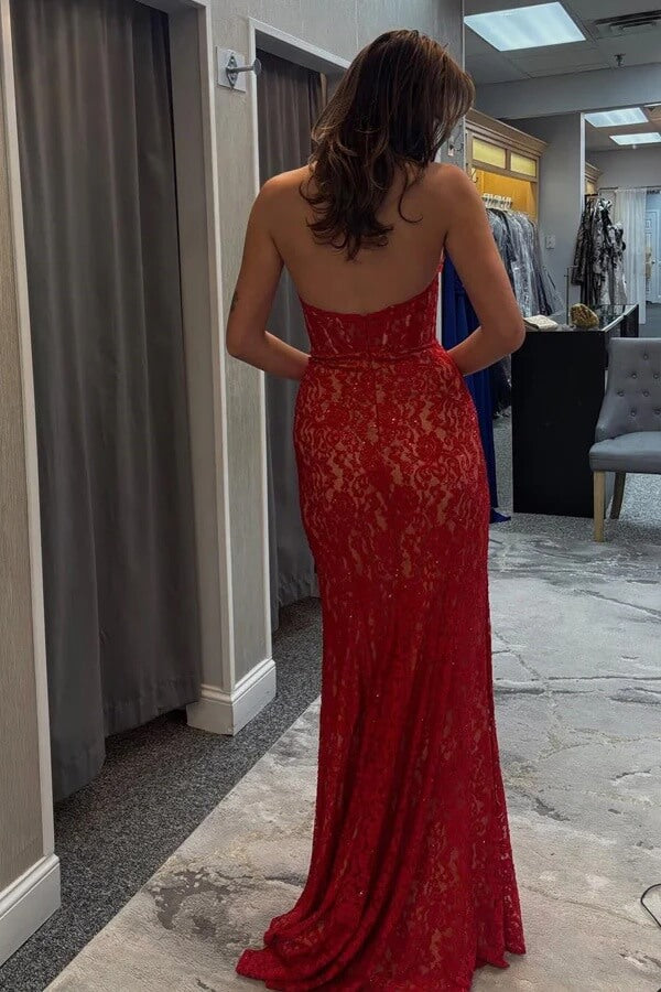 Elegant Red Lace Halter Mermaid Prom Dresses With Slit Evening Dresses