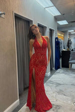 Elegant Red Lace Halter Mermaid Prom Dresses With Slit Evening Dresses