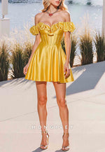 A-Line Off the Shoulder Satin Corset Short Homecoming Dresses with Ruched