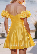 A-Line Off the Shoulder Satin Corset Short Homecoming Dresses with Ruched