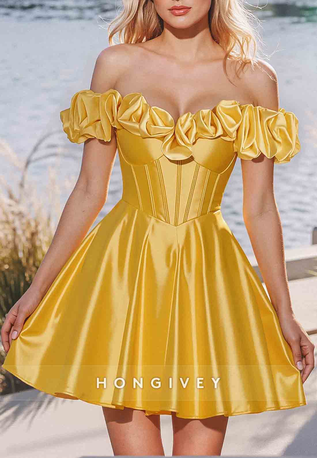 A-Line Off the Shoulder Satin Corset Short Homecoming Dresses with Ruched