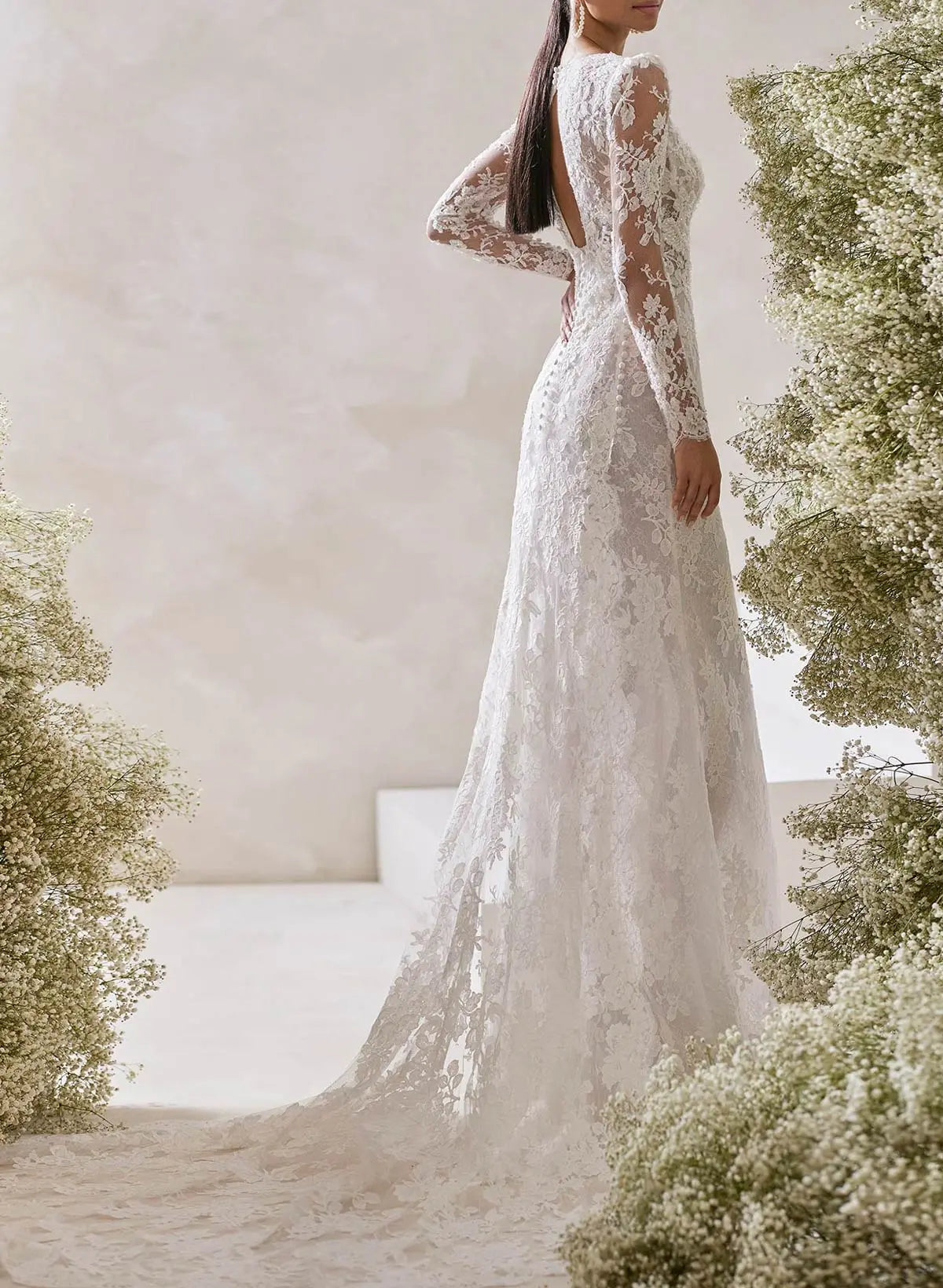 Lace Applique Square Neck Long Sleeve Backless Mermaid Wedding Dress