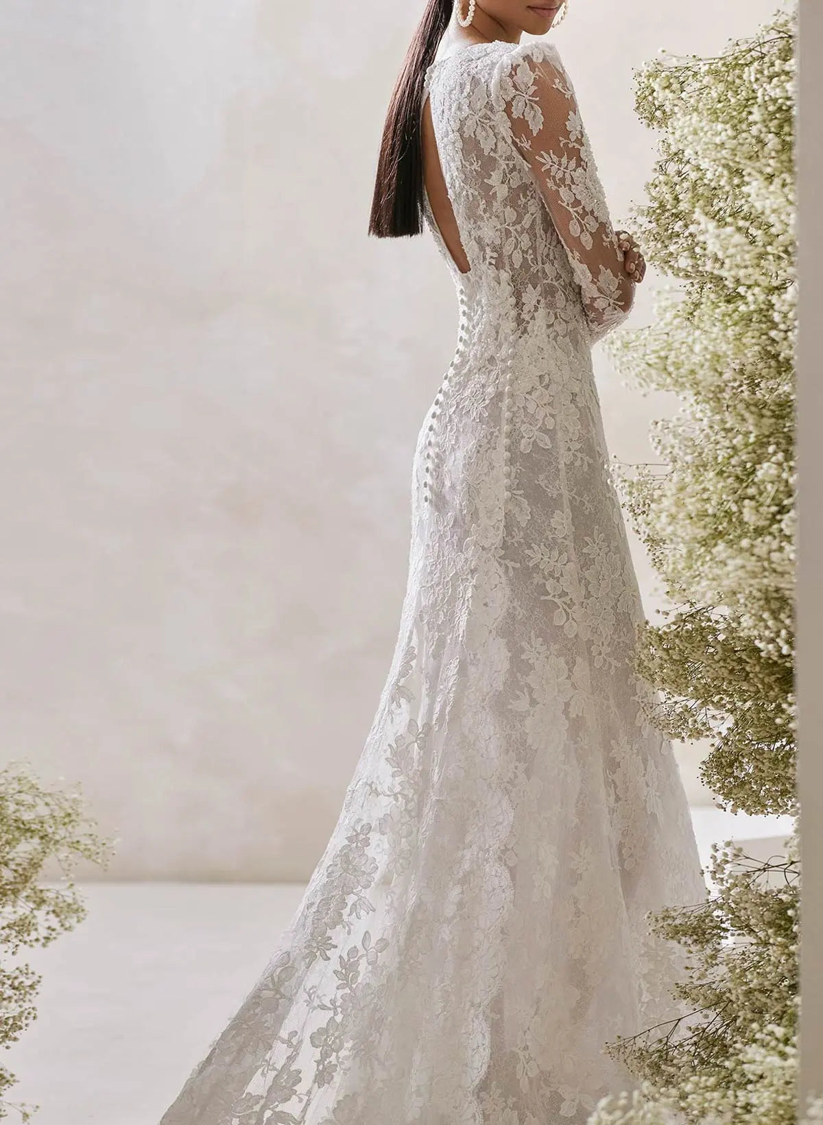 Lace Applique Square Neck Long Sleeve Backless Mermaid Wedding Dress