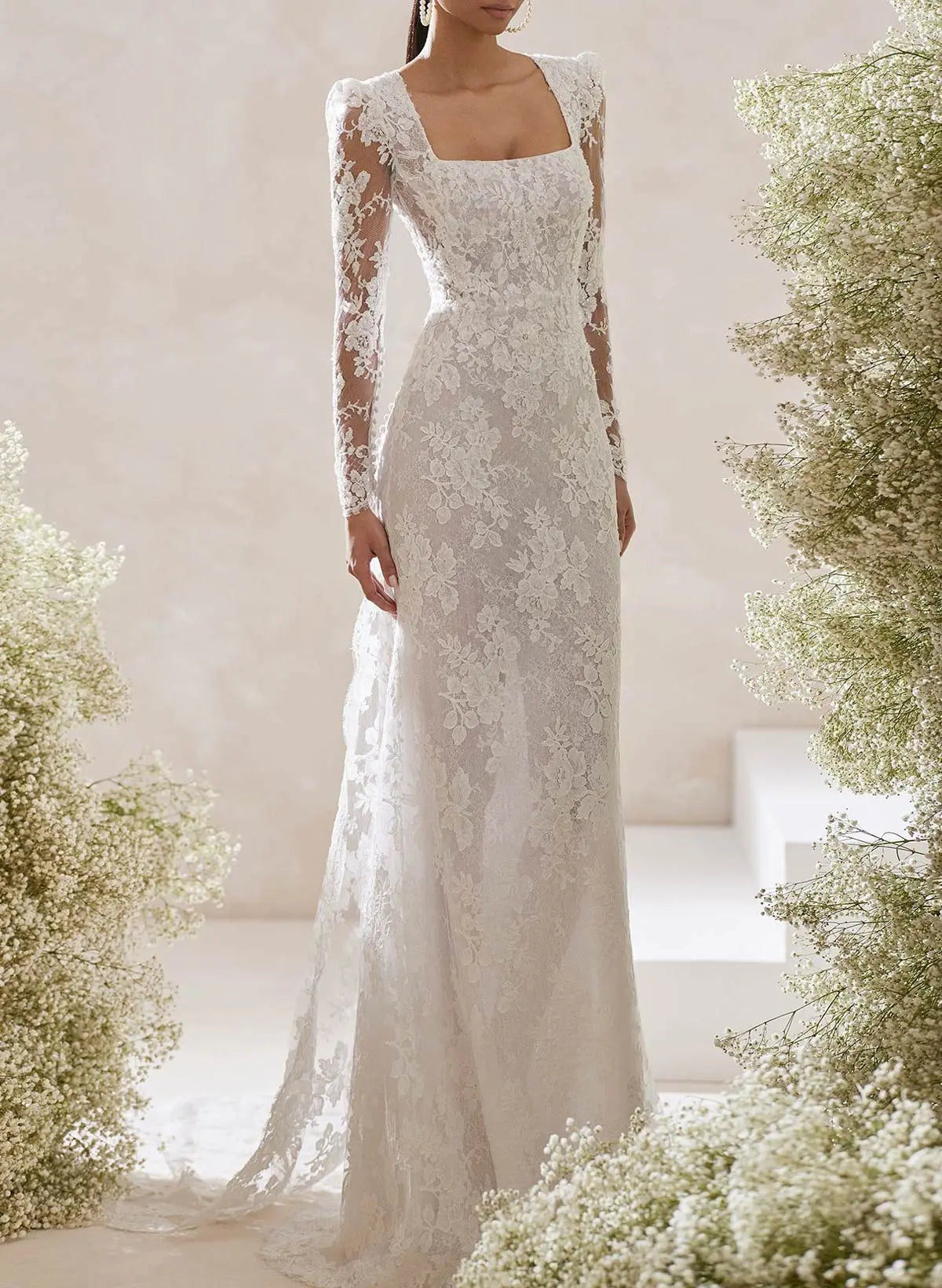 Lace Applique Square Neck Long Sleeve Backless Mermaid Wedding Dress