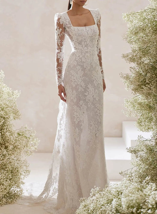 Lace Applique Square Neck Long Sleeve Backless Mermaid Wedding Dress