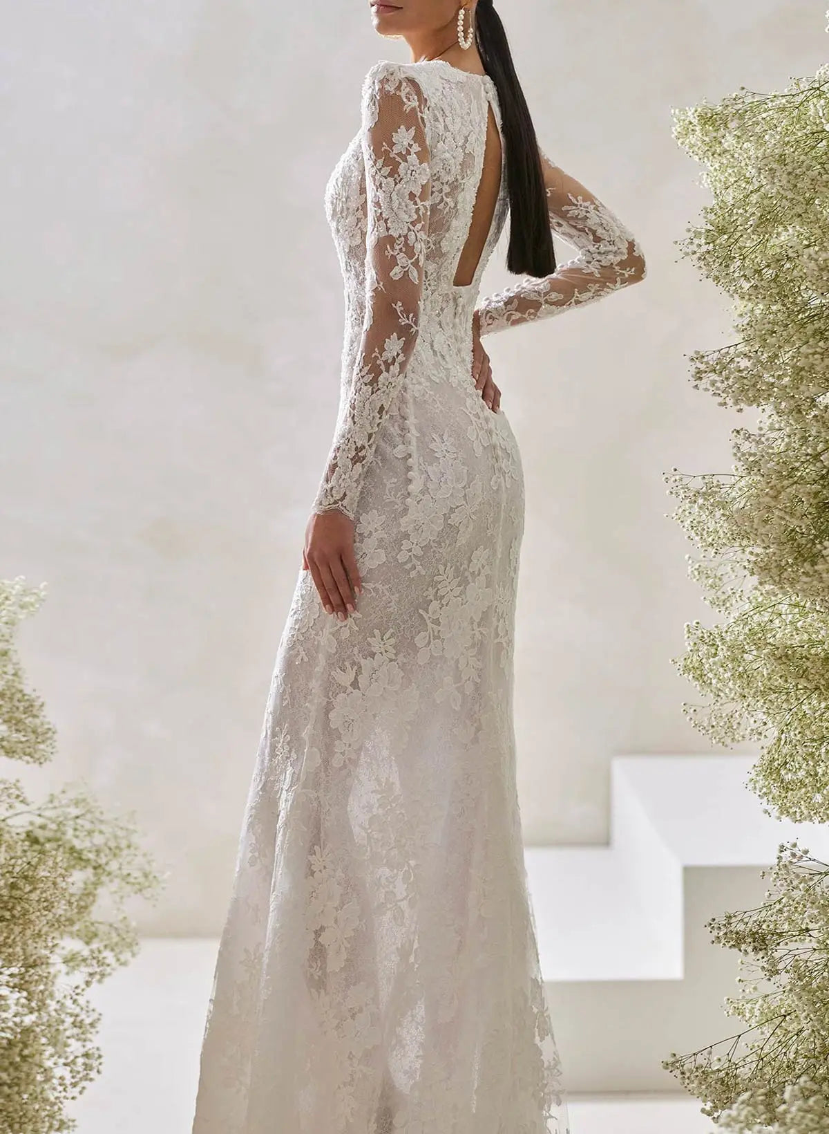 Lace Applique Square Neck Long Sleeve Backless Mermaid Wedding Dress