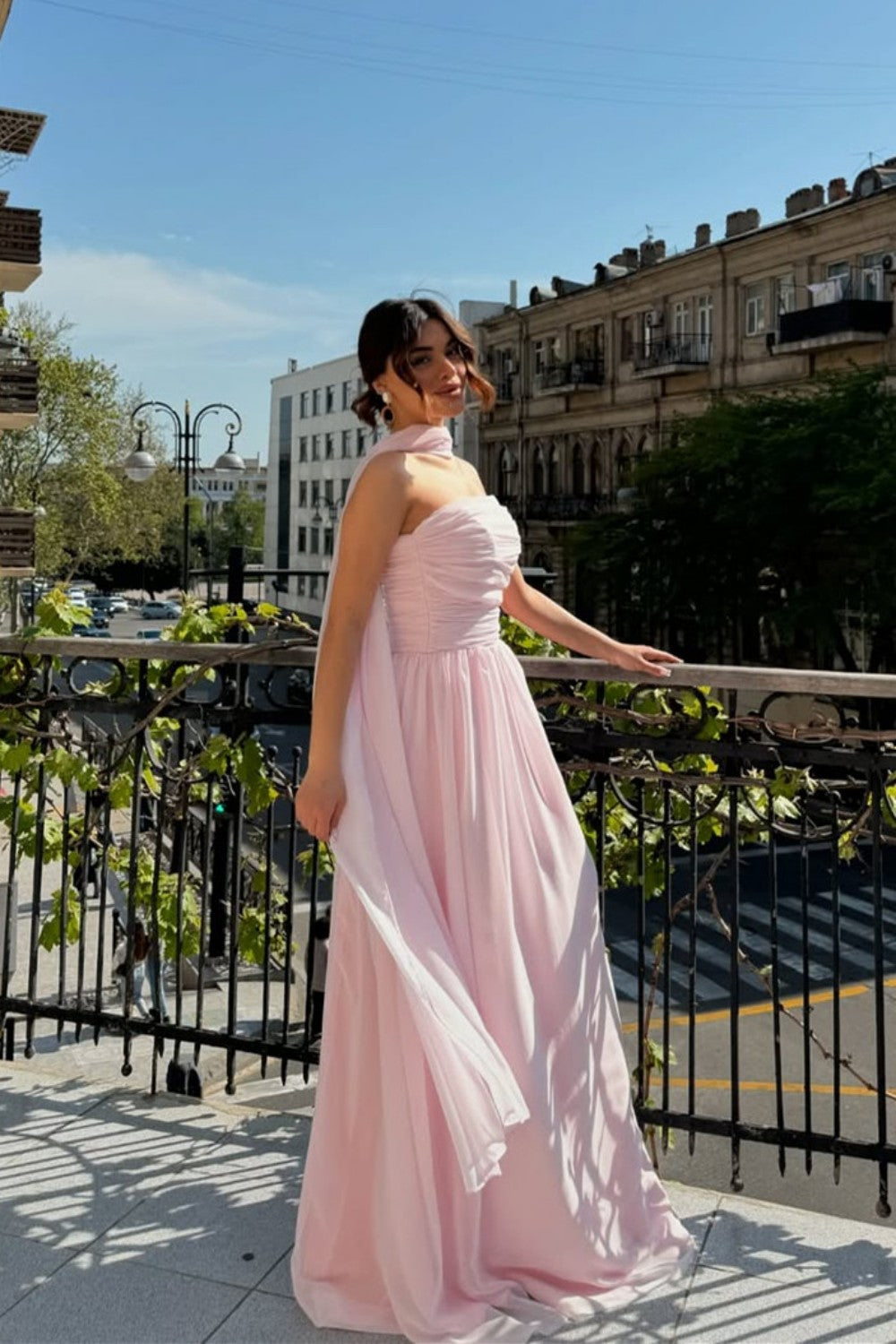 Elegant Strapless A-Line Chiffon Long Prom Dress with Scarf Detail