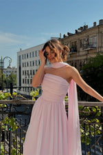 Elegant Strapless A-Line Chiffon Long Prom Dress with Scarf Detail