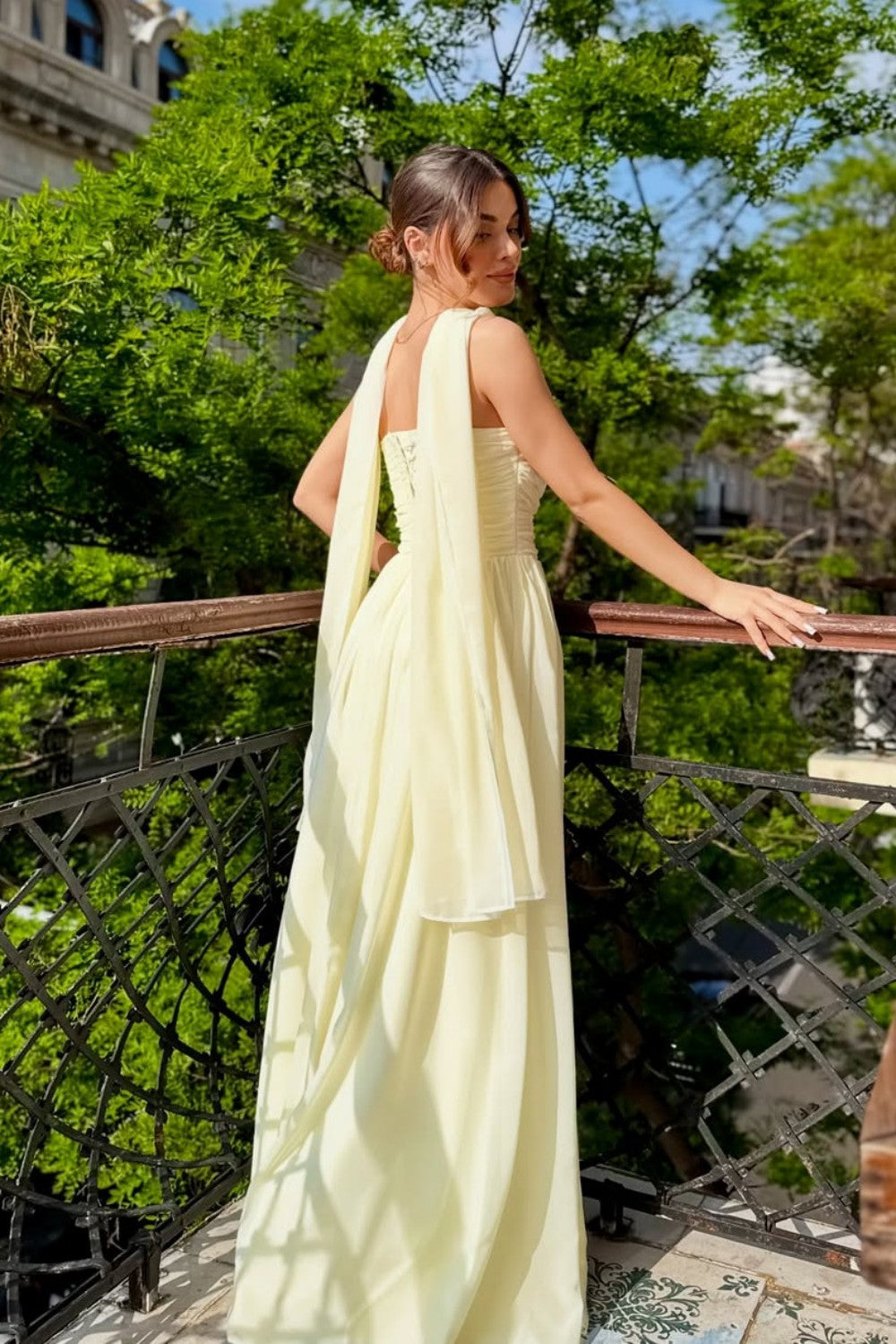 Elegant Strapless A-Line Chiffon Long Prom Dress with Scarf Detail