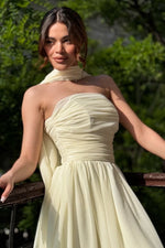 Elegant Strapless A-Line Chiffon Long Prom Dress with Scarf Detail