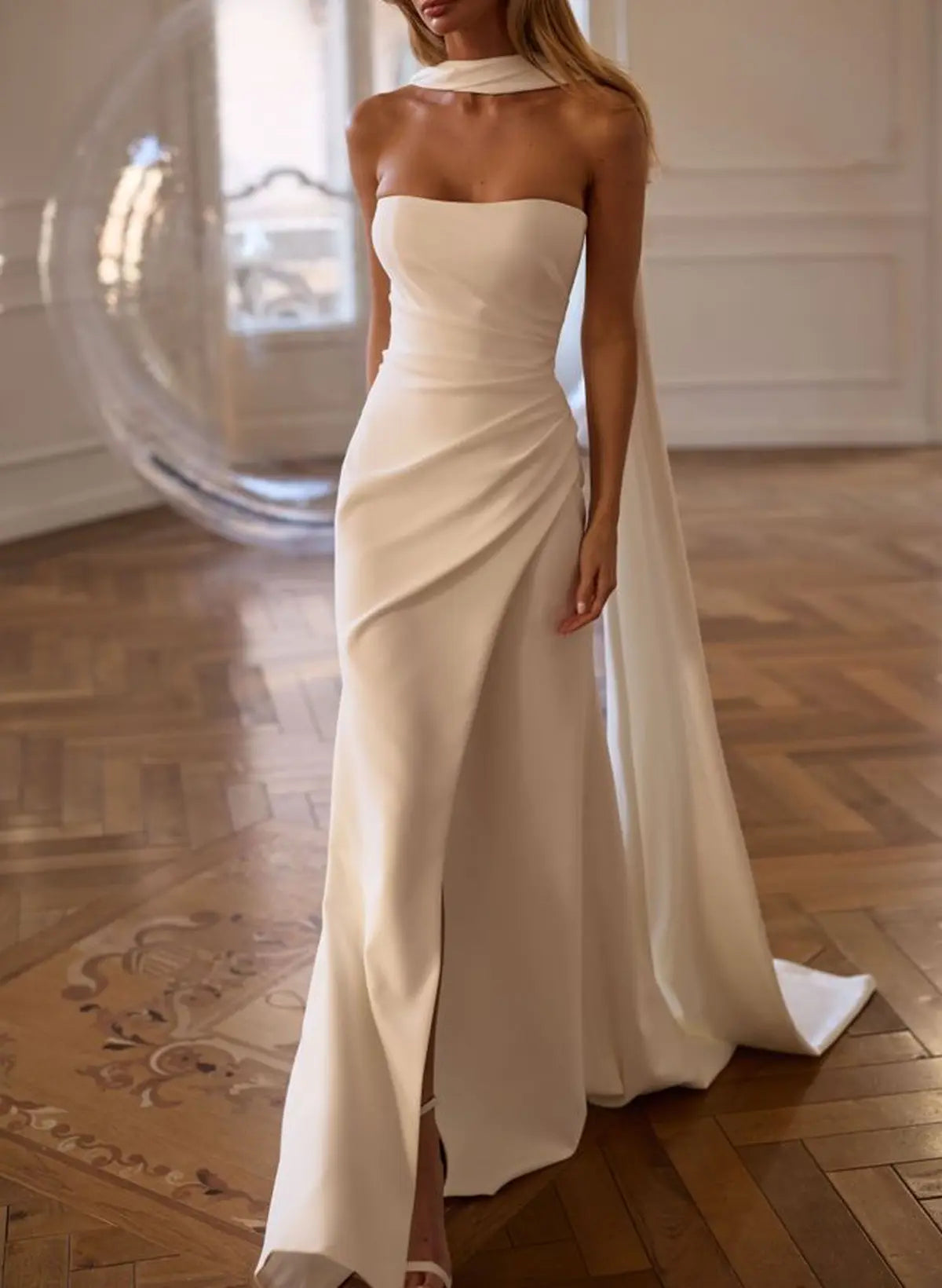 Strapless Sleeveless Shawl Mermaid Slit Floor-Length Wedding Dress