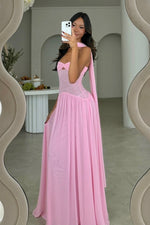 Elegant A Line Sweetheart Pink Long Party Dress with Ruffles Scarf