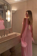 Elegant A Line Sweetheart Pink Long Party Dress with Ruffles Scarf