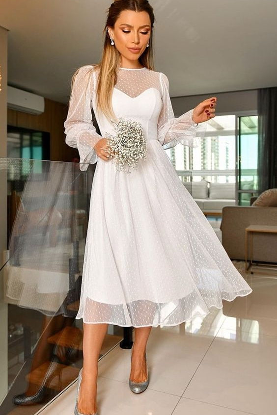 Elegant A-Line Long Sleeve Tea Length Wedding Guest Dresses Evening Party Dresses