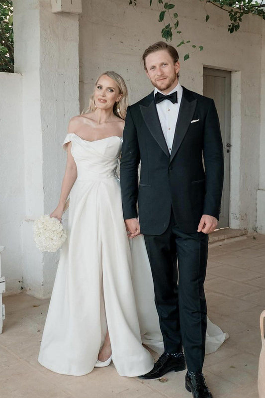 Elegant A-Line Off the Shoulder Satin Wedding Dress with Slit