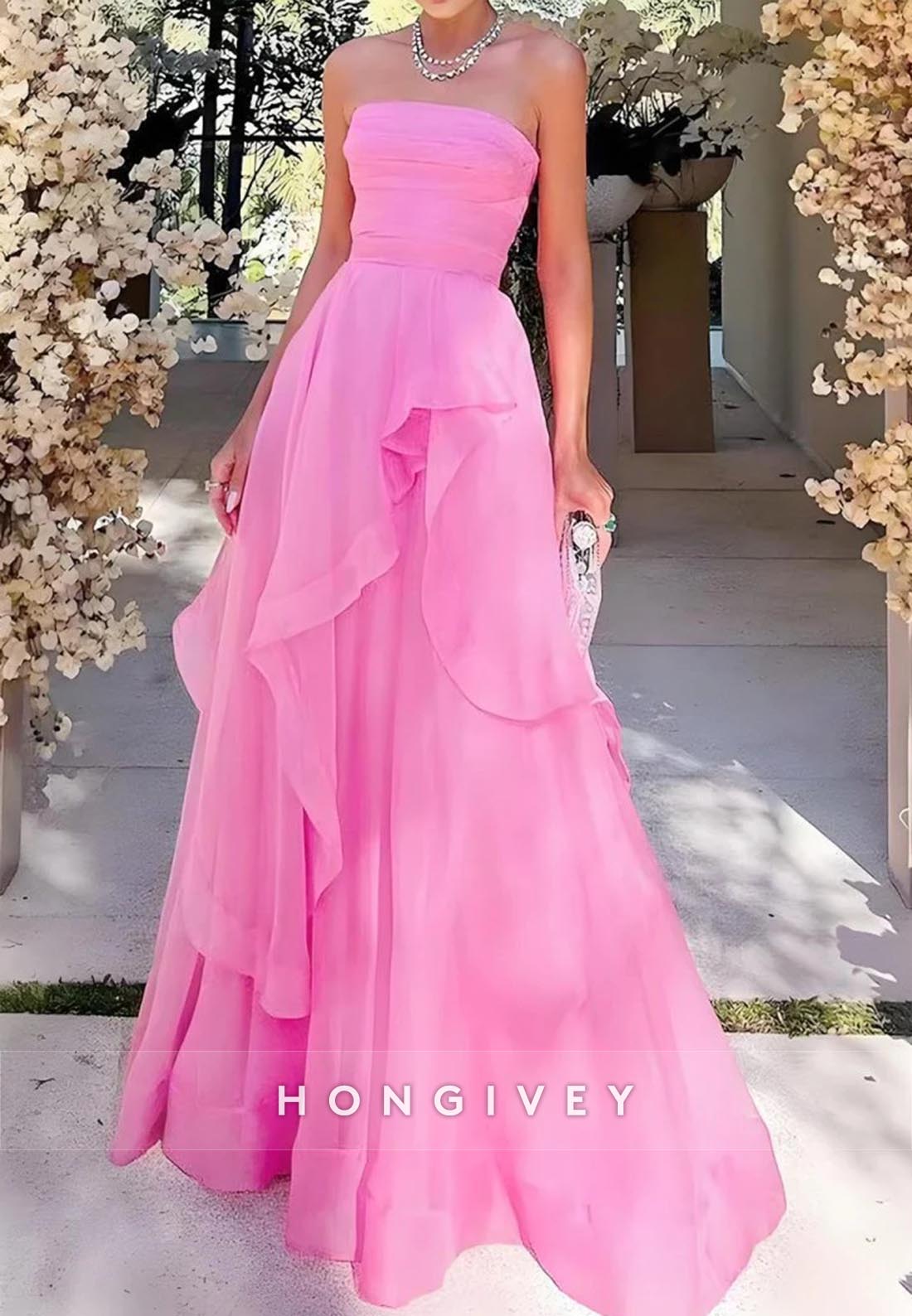 A-Line Strapless Asymmetrical Tulle Floor-Length Long Prom Dresses