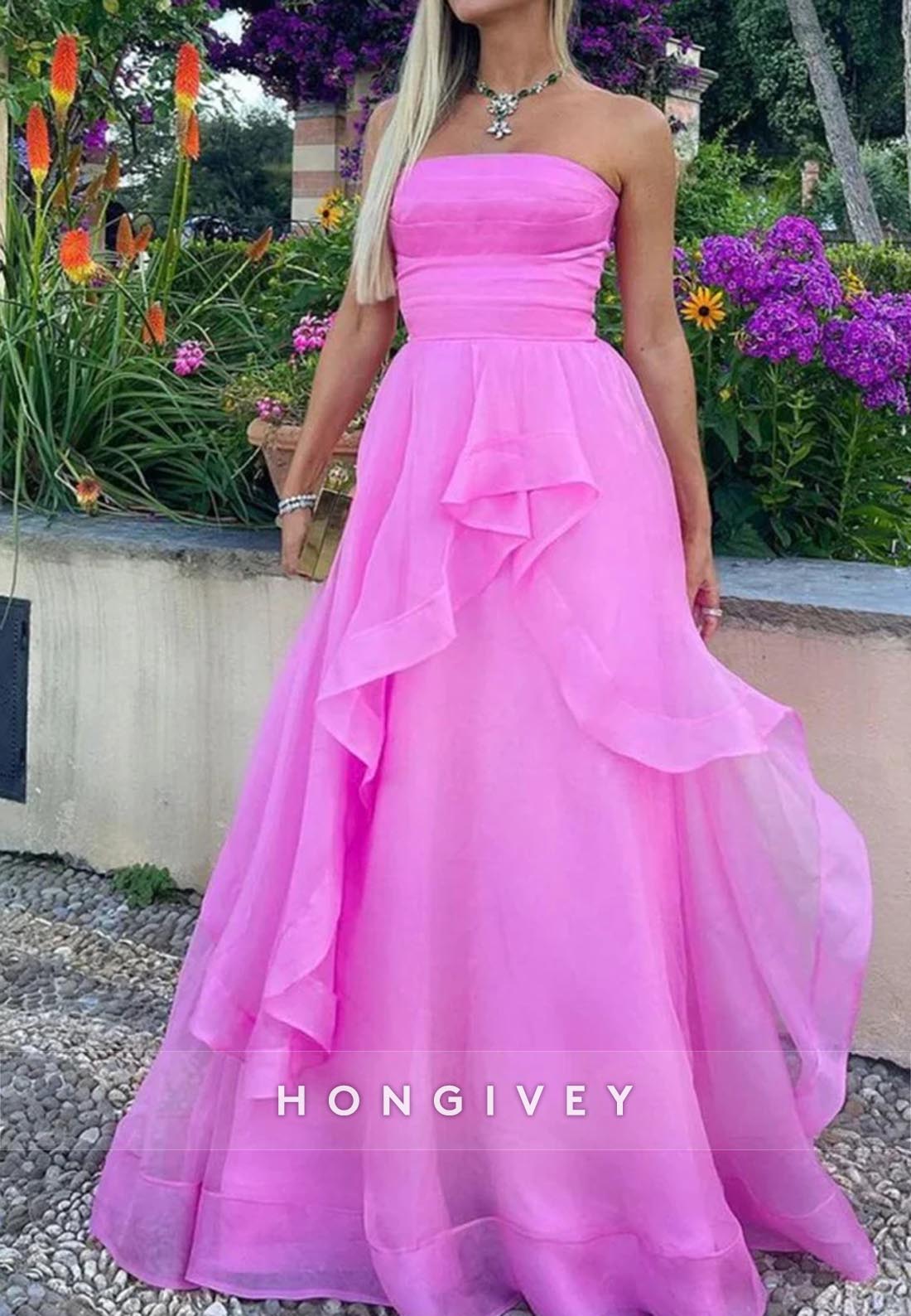 A-Line Strapless Asymmetrical Tulle Floor-Length Long Prom Dresses