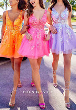 Lilac Sparkly Regular Straps Low Back Tulle A-Line Short Homecoming Dress