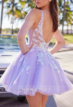 Lilac Sparkly Regular Straps Low Back Tulle A-Line Short Homecoming Dress