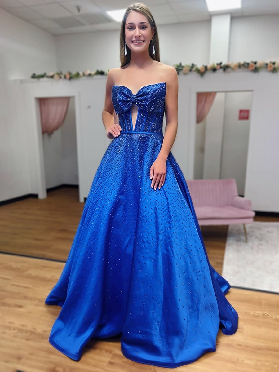 Navy Blue - Strapless Satin Beaded A Line Long Prom Dresses With Bow