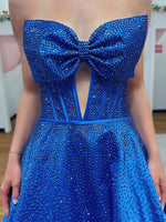 Navy Blue - Strapless Satin Beaded A Line Long Prom Dresses With Bow