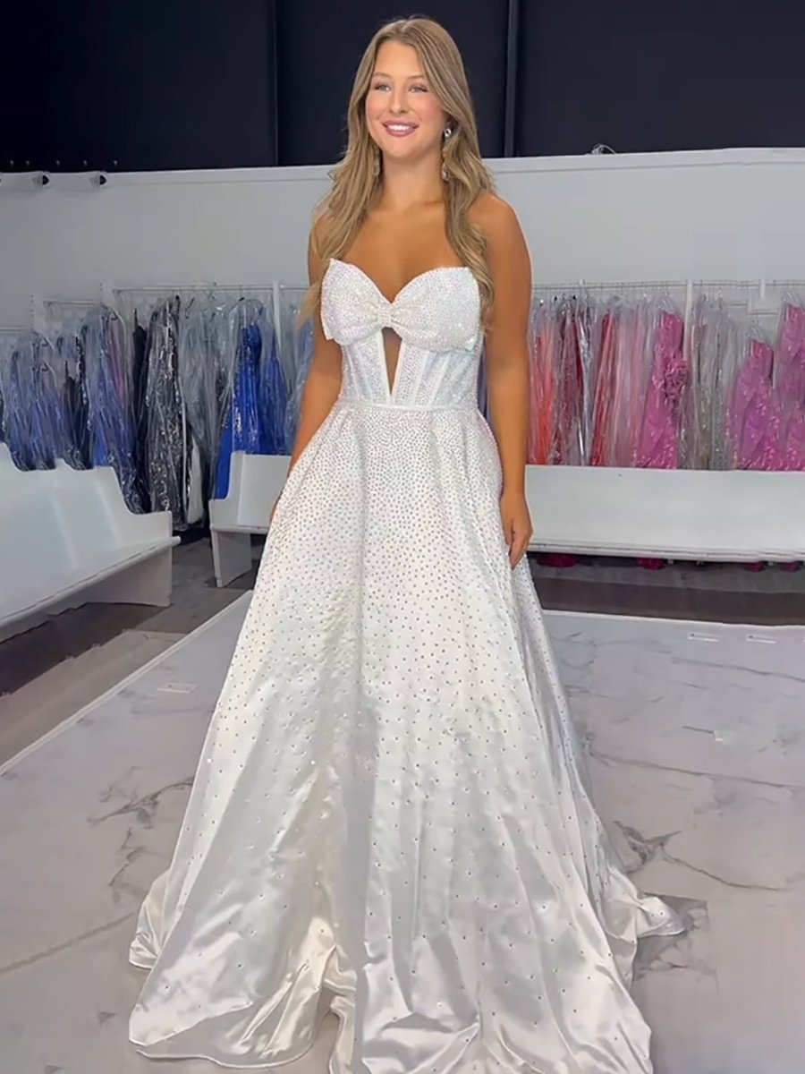 Navy Blue - Strapless Satin Beaded A Line Long Prom Dresses With Bow