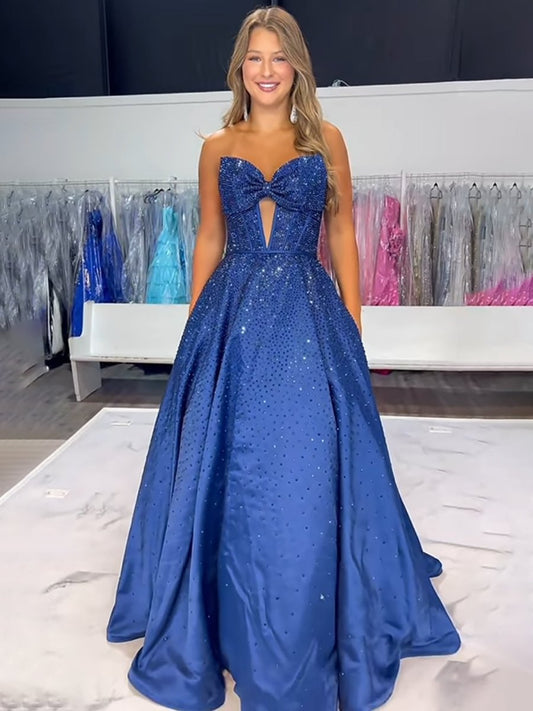 Navy Blue - Strapless Satin Beaded A Line Long Prom Dresses With Bow