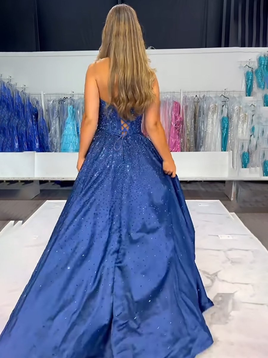 Navy Blue - Strapless Satin Beaded A Line Long Prom Dresses With Bow