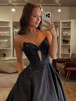Navy Blue - Strapless Satin Beaded A Line Long Prom Dresses With Bow