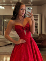 Navy Blue - Strapless Satin Beaded A Line Long Prom Dresses With Bow