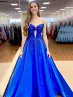 Navy Blue - Strapless Satin Beaded A Line Long Prom Dresses With Bow