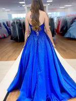 Navy Blue - Strapless Satin Beaded A Line Long Prom Dresses With Bow