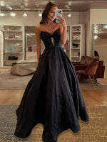 Navy Blue - Strapless Satin Beaded A Line Long Prom Dresses With Bow