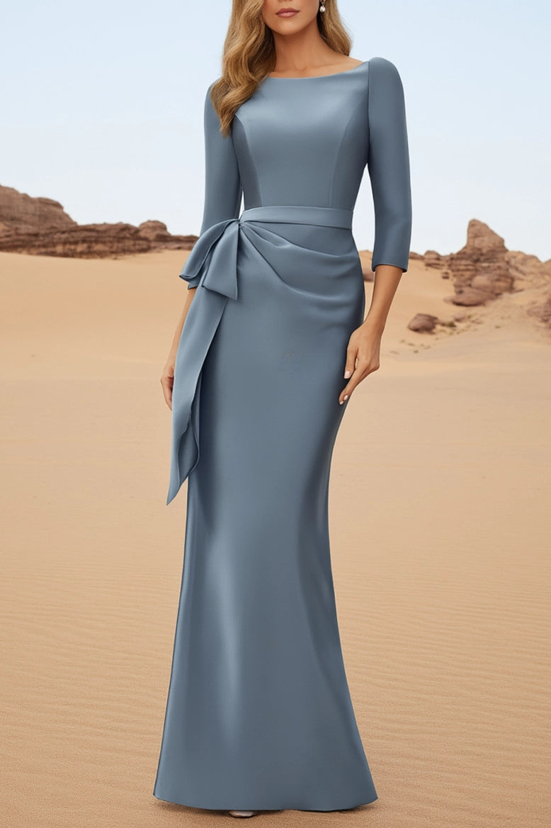 Evening Dress Satin Blue Crew Neck 3/4 Sleeve Mermaid Maxi Dress