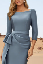 Evening Dress Satin Blue Crew Neck 3/4 Sleeve Mermaid Maxi Dress