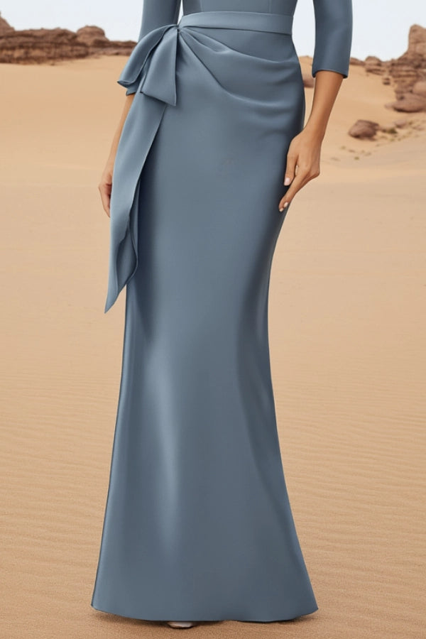 Evening Dress Satin Blue Crew Neck 3/4 Sleeve Mermaid Maxi Dress