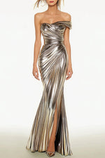 Evening Dress Silver Metallic Pleated One-Shoulder Slit Maxi Mermaid Dress