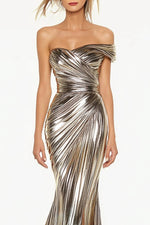 Evening Dress Silver Metallic Pleated One-Shoulder Slit Maxi Mermaid Dress